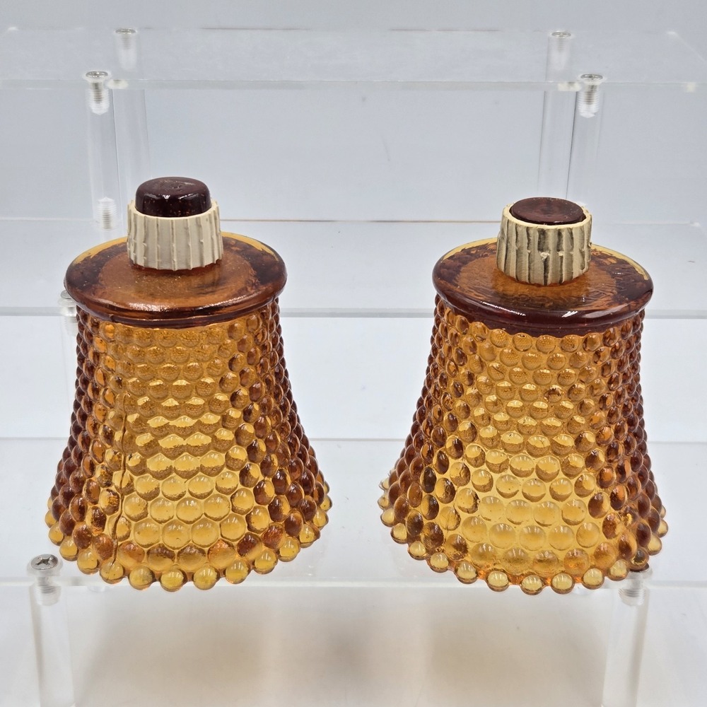 Vtg Set of 2 Amber Hobnail Glass Peg Votive Candle Holders w Rubber Adaptors